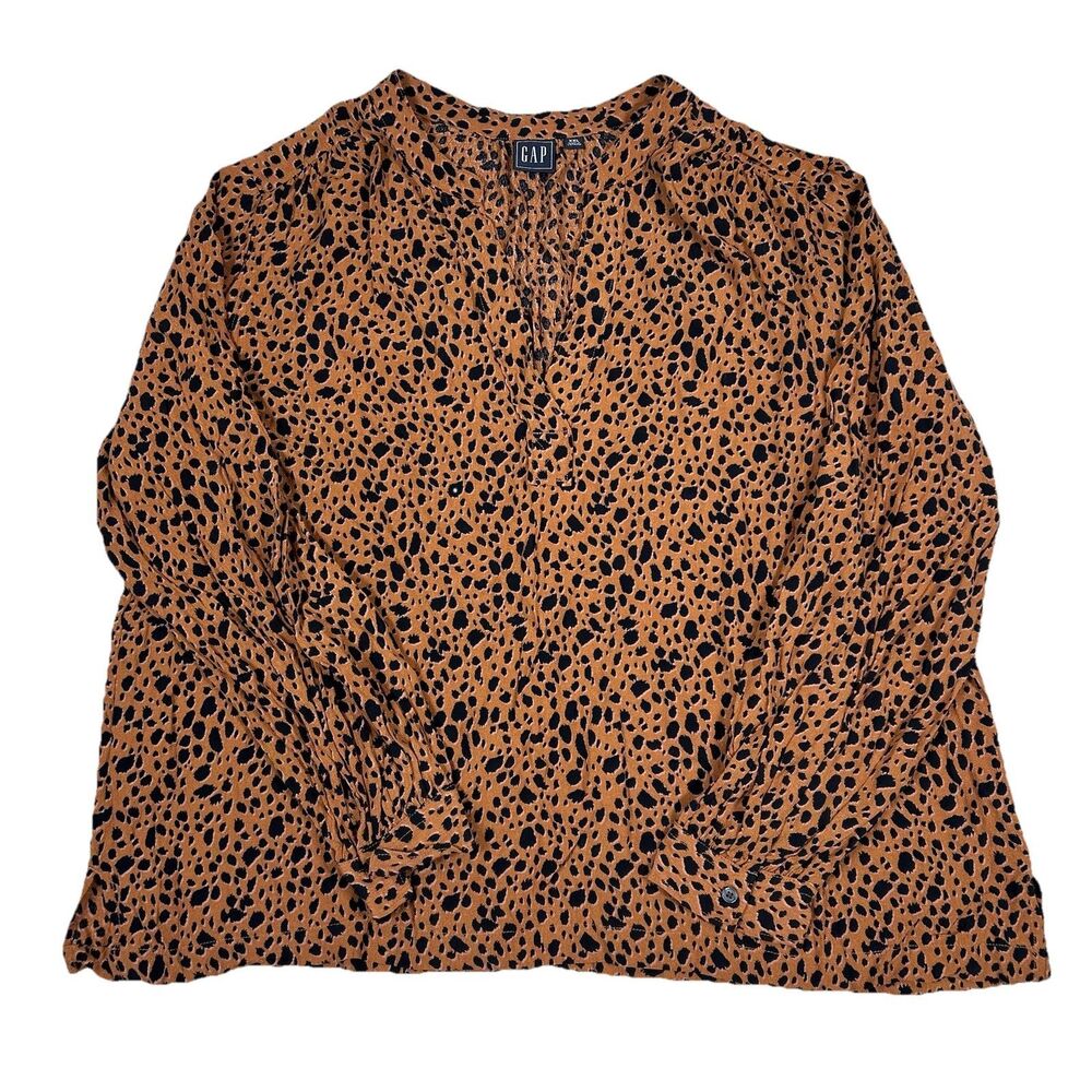 Gap Women Blouse XXL Brown Leopard Print Long Sleeves 100% Rayon Career Office
